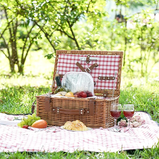 Wicker Picnic Basket Set for 2 Persons with Waterproof Picnic Blanket and Large Insulated Cooler Compartment, Willow Picnic Hamper Basket with Cutlery Service Kits for Camping, Wedding (Red)