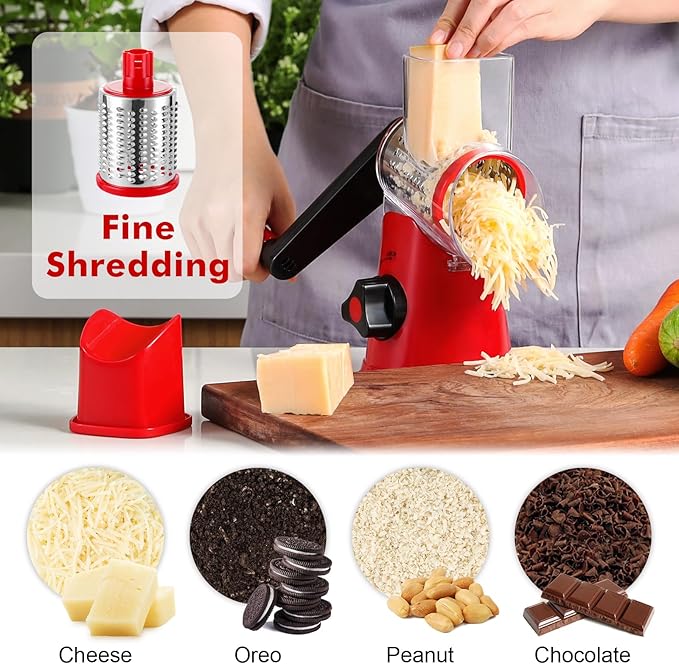 Cheese Grater Rotary, Rotary Grater for Kitchen, Kitchen Grater Vegetable Slicer with 3 Drum Blades, Fast Cutting Cheese Shredder for Vegetables and Nuts