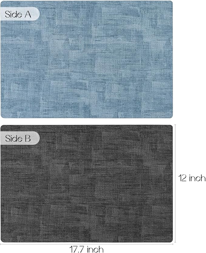 Romanstile Reversible Vinyl Placemats Set of 6, Faux Leather 100% Waterproof Oil-Proof Wipeable Place Mats, Heat Resistant Dual Sided Table Mats for Kitchen/Dining/Party (Grey Sky Blue, 12 x 17 Inch)
