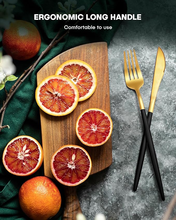 EUIRIO 30-Piece Silverware Set for 6, Stainless Steel Flatware Set Matte Black Gold, Modern Brushed Thick Cutlery Set with Spoons Forks and Knives, Utensil Set for Home Kitchen Hotel, Dishwasher Safe