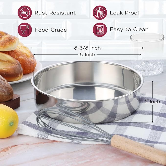 Onader 8 Inch Round Cake Pan, Stainless Steel Baking Pan Set of 3, Birthday Wedding Cake Tin