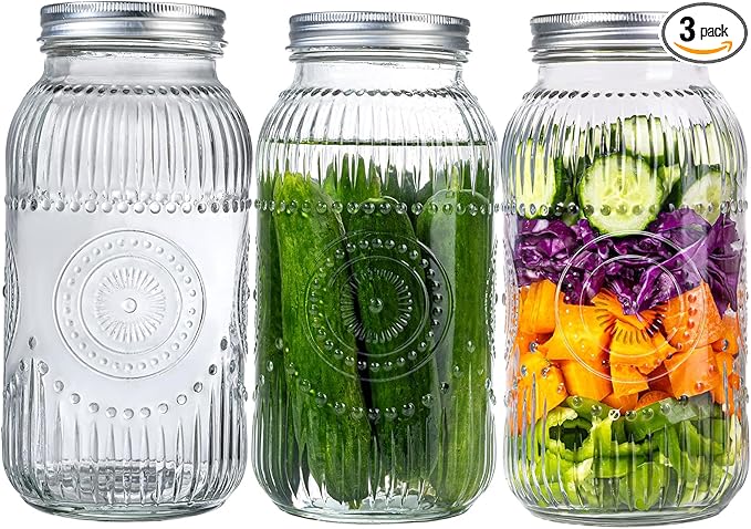 WELLIFE 64oz Mason Jars, 3 Pack Large Mason Jars Wide Mouth for Pickling, Canning, Fermenting and Food Storage, Microwave & Dishwasher Safe