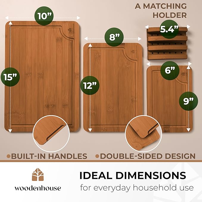 Wooden Cutting Boards for Kitchen, Wood Cutting Board - Bamboo Cutting Board Set of 3 with Holder, Dark Color, Durable & Eco-Friendly, Perfect for Chopping, Serving, and Food Prep.