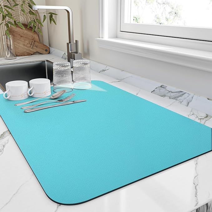 Dish Drying Mat for Kitchen Counter, Heat Resistant Drainer Mats with Non-slip Rubber Backed, Hide Stain Kitchen Super Absorbent Draining Mat, Easy to Clean Dish Rack Pad, Teal 16"x18"