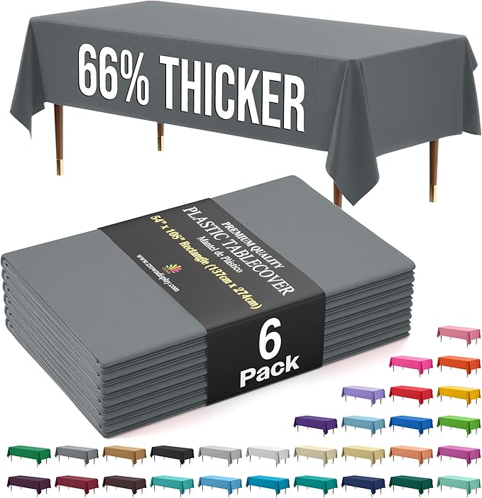 Exquisite 66% Thicker Premium Plastic Table Cloth Rectangle Table Cover 0.5 Mil 6 Pack Silver Table Cloth 54 Inch x 108 Inch Disposable Tablecloth Won't Tear Easily Like Cheap Thin Brands