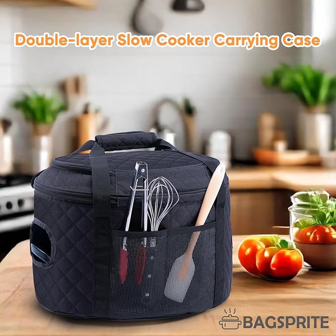 BAGSPRITE Double-layer Slow Cooker Carrying Case Compatible with 6-8 Quart Crockpot Carrier for Hot Food and Hamlton Beach Slow Cooker Tote with Lid Fastener for Crock-pot Dust Cover Applicances