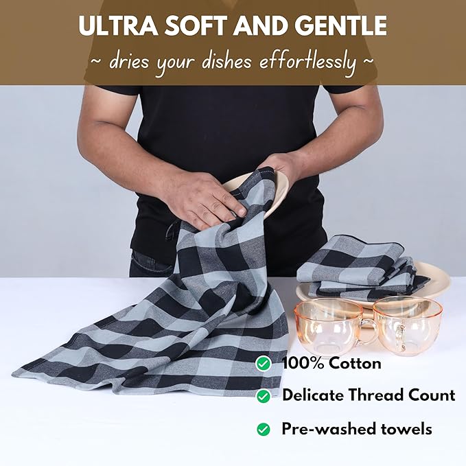 Native Fab Buffalo Check Kitchen Dish Towels, 4 Pack, Cotton, Durable, Washable 16"x26" - Tea Towel, Soft Absorbent Cleaning Towels, Hand Towels with Hanging Loop - Black, Grey