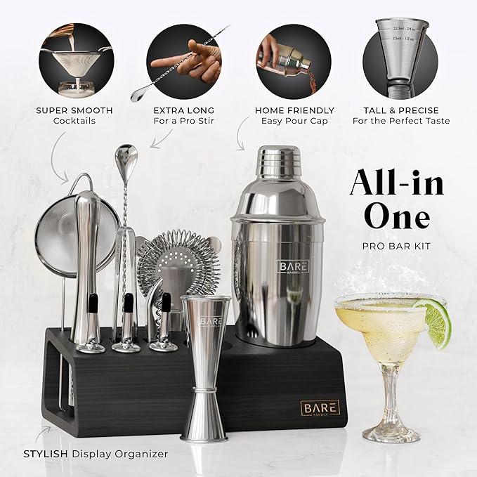 BARE BARREL® Mixology Bartender Kit Bar Set | 14-Piece Cocktail Shaker Set | Martini Barware Mixing Tools for Home Bartending | Incl. 35 Recipe Cards | Gift Set (24oz Cobbler Shaker, Silver/Black)