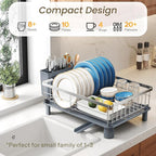 Dish Drying Rack - Small Dish Rack for Kitchen Counter, Stainless Steel Dish Drainer with Utensil Holder and Drainboard (Silver)