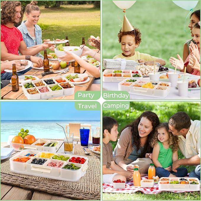 LUXEAR Divided Serving Tray with Lid and Handle Snack Box Charcuterie Container Dishwasher Safe 8 Compartment Snack Platters Portable Clear Organizer for Fruits, Candy, Snacks, Picnic, Travel