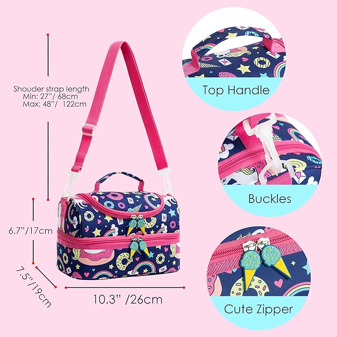 Insulated Kids Dual Compartment Lunch Bags Tote for Girls Boys Lunch Boxes Pre-School Toddler Kindergarten Picnic Camp Food Cooler Thermal with Strap