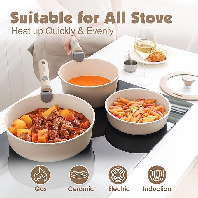 SENSARTE 24 Piece Ceramic Pots and Pans Set, Nonstick Detachable Handle Cookware, Induction Cookware Set with Removable Handle, Healthy Non Stick for RV, Dishwasher＆Oven Safe, PFOA Free (Almond Beige)