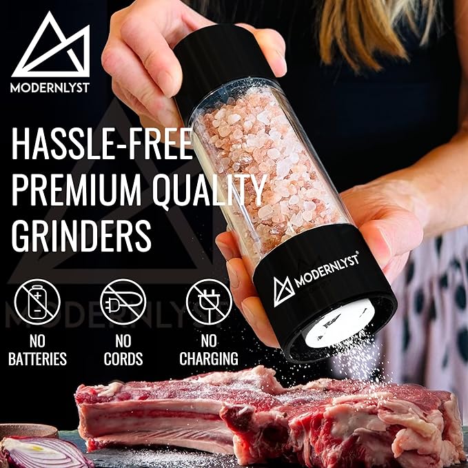 Manual Salt and Pepper Grinder Set of 2 | Large Round Salt and Pepper Shakers Set | 7.5 inch Stainless Steel Salt Grinder Refillable | Pepper Grinder Manual (Black)