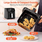Beelicious 5.8QT Large Air Fryer, 12-in-1 Digital Airfryer with Clear Window, 40+ Recipes, Flavor-Lock Tech, Shake Reminder, Compact, Quiet, Dishwasher Safe, Nonstick, Fit for Family of 2-5, Black