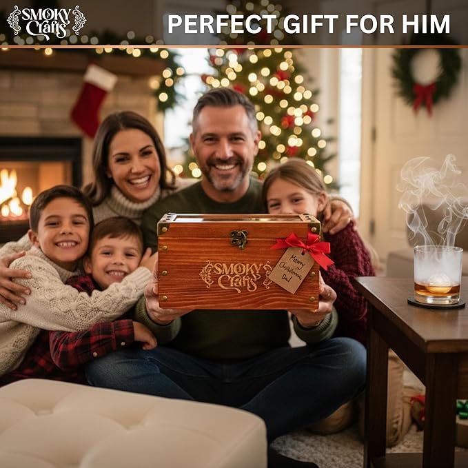 Old Fashioned Smoker Kit - Whiskey Smoker Kit with Smoking Gun, Cocktail Smoke Box, Food Tray and Wood Chips (Apple & Cherry) - Bourbon Gifts for Men