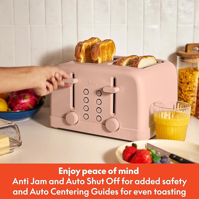bella 4 Slice Toaster, 6 Setting Shade Control with Reheat & Cancel Buttons, Removable Crumb Tray, Anti Jam & Auto Shutoff, 900 Watt, Blossom