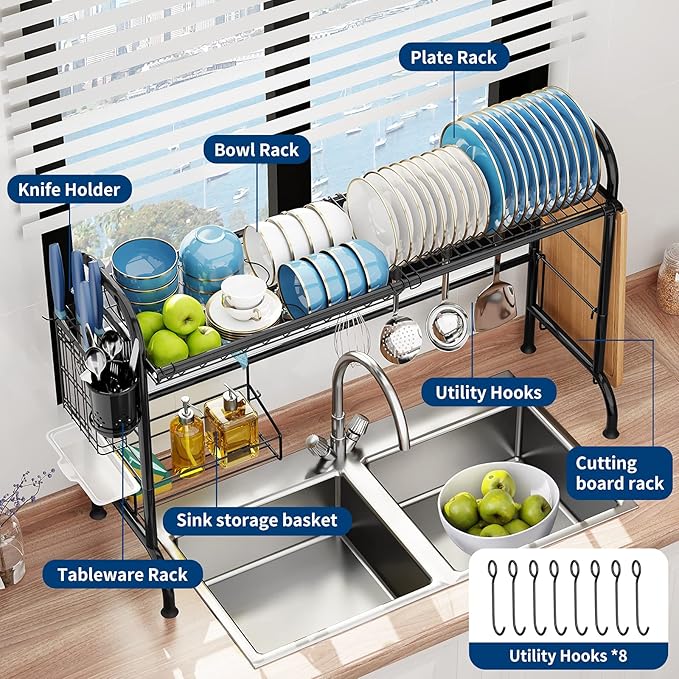 MOUKABAL Dish Drying Rack - Stainless Steel Over The Sink Dish Drying Rack (Expandable Length), Large Dish Rack with Utensil Holder, 32.3" - 33.9"(L) x 11.4"(W) x 23"(H) Black
