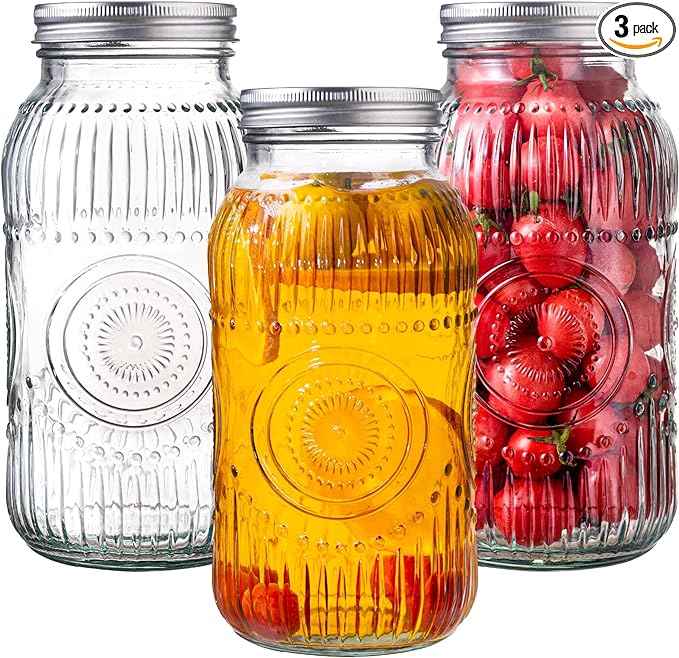 Amzcku 64oz vintage Mason Jars with Lids, Wide Mouth 2 Quart Canning Jar Half Gallon, Safe For Storage, Canning, Pickling, Preserving, Fermenting, DIY Crafts & Decor 3 Pack