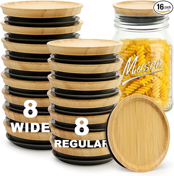16 Pcs Regular Mouth Jar Lids and Wide Mouth Mason Jars Lid Reusable Canning Supplies Bamboo Lids for Glass Cups Large Mason Jar with Wooden Lid Small Decorative Can Lid for Jars Tops Cover