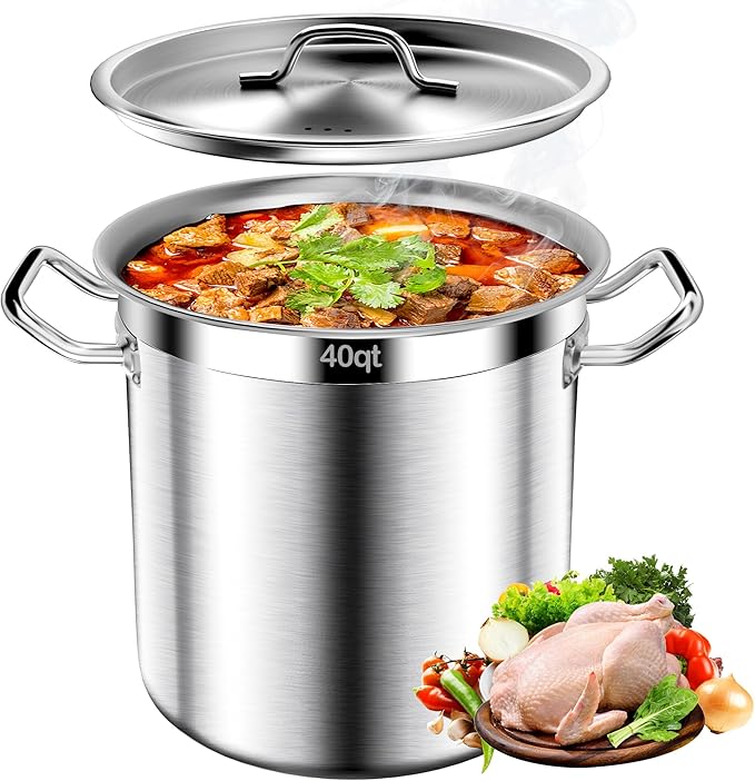 Stainless Steel Stockpot – 40QT Stock Pot with Lid, Heavy-Duty Tri-Ply Bottom Cooking Pot for Canning, Boiling Beer Brewing, Soup, Seafood Boil – Satin Finish Stainless Steel Soup Pot