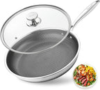 Non Stick Frying Pans, Stainless Steel Nonstick Fry pan with Honeycomb for Kitchen Cooking - 11” Skillet with Lid for Cookware - Works with Induction Cooktop Ceramic and Gas.