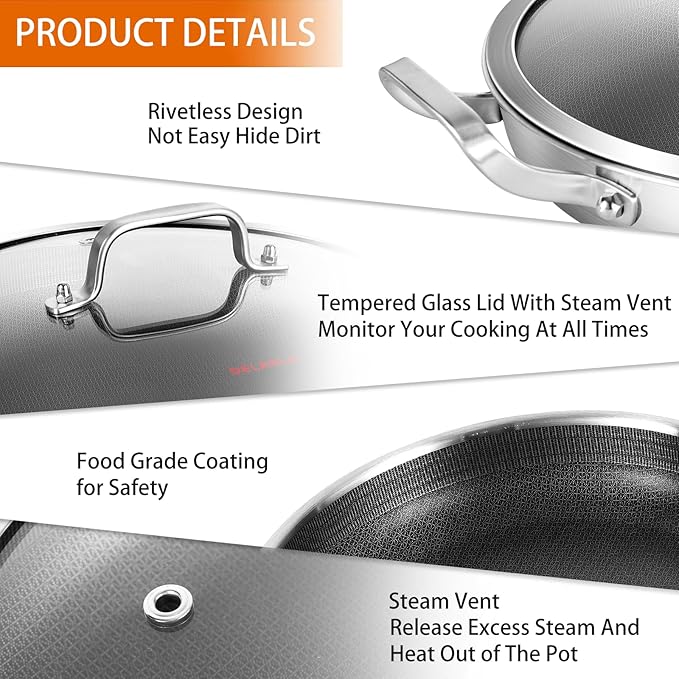 DELARLO Skillet With Lid,Tri-Ply Stainless Steel Pan,12 Inch Non Stick Paella Pan,Skillets And Frying Pans,Nonstick skillet Kitchen Oven Safe Skillet,Heavy Duty Style