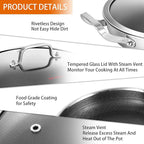 DELARLO Skillet With Lid,Tri-Ply Stainless Steel Pan,12 Inch Non Stick Paella Pan,Skillets And Frying Pans,Nonstick skillet Kitchen Oven Safe Skillet,Heavy Duty Style