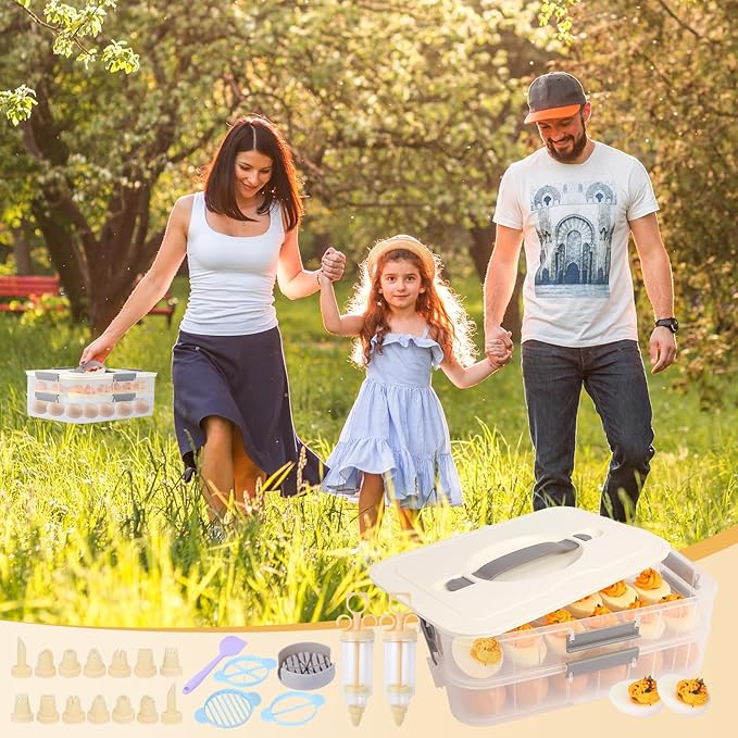 2-Layer Deviled Egg Containers With Lid,36pcs Deviled Egg Tray Carrier with Handl Injector Piping Tool,Portable Stackable Egg Holder Platter Holder Organizer for Refrigerator Party Picnic Travel Event