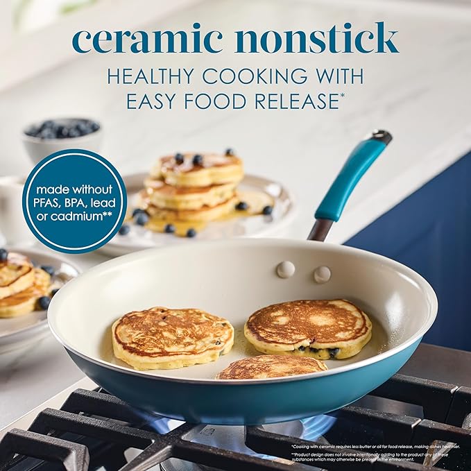 Rachael Ray Cucina Ceramic Nonstick Frying Pan/Skillet, 12.5 Inch Non Stick Open Fry Pan, Dishwasher Safe - Marine Blue