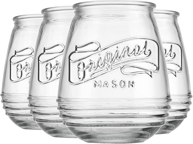 Glaver's Stemless Wine Glasses 21 Oz. Set Of 4 Original Mason Vintage Goblet Beverage Glasses Uses For Your Cocktail Lounge, Whiskey Parties, and Everyday Dinner Table. Dishwasher Safe. (Large)