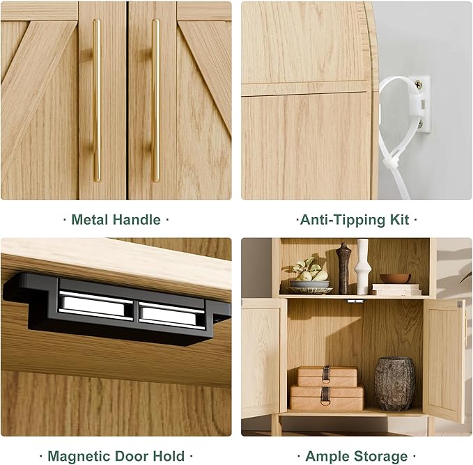 Arch Storage Cabinet with Beech-Wooden Door, 60” Cute Arched Display Cabinet, 4 Tier Farmhouse Buffet Cabinets with Storage for Dining Room, Living Room, Home Office or Kitchen (Oak)