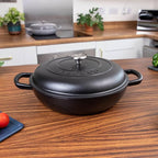Shallow Cast Iron Casserole with Lid – Non Stick Dutch Oven Pot, Oven Safe up to 500° F – Sturdy Ovenproof Stockpot Cookware – Enamelled Cooking Pot – Black, 5-Quart, 32cm – by Nuovva