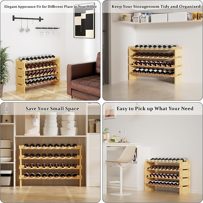 Bambloom Wine Rack Freestanding Floor, Stackable Wine Bottle Storage, Wooden Free Standing Wine Stand Organizer for Kitchen,Cellar. 36 Bottles Wine Holder Display Shelves for Champagne(Bamboo)