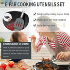 Silicone Cooking Utensils Set, E-far 14-Piece Gray Kitchen Utensils Set with Holder, Kitchen Tools Spatulas with Stainless Steel Handle for Non-stick Cookware, Heat Resistant & Dishwasher safe