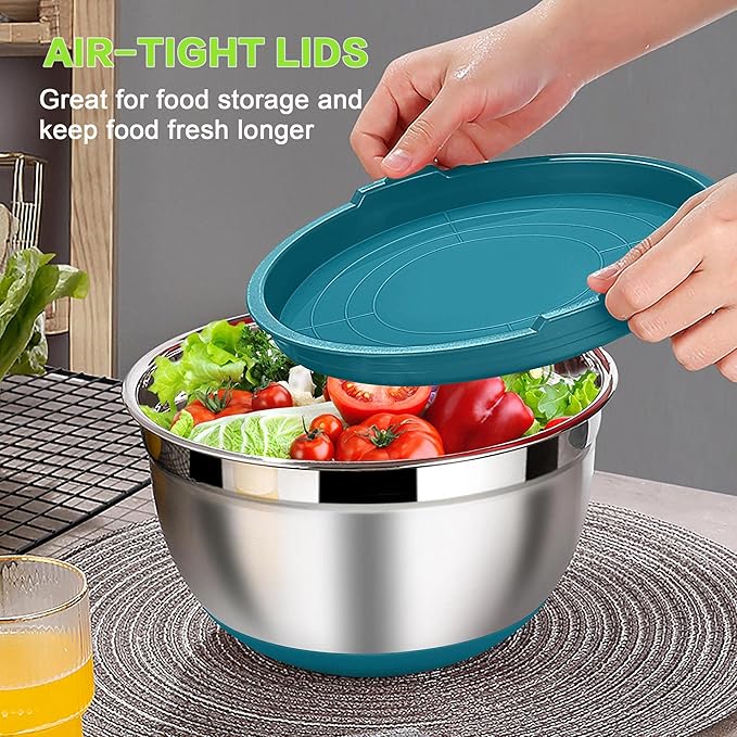 LIANYU Stainless Steel Nesting Mixing Bowls Set of 6, Non-slip Bottom & Airtight Lids, Size 7, 3.5, 2.5, 2, 1.5, 1QT, Large Metal Bowls for Cooking, Baking, Food Storage, Dark Blue