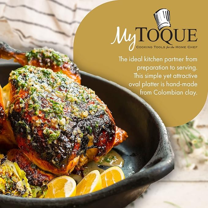 Authentic Chamba Oval Platter with Handles - Elegant, All-Natural Black Clay Roasting Pan for Baking, Roasting and Serving - Stovetop & Oven Safe – Handmade in Colombia – 12 Inches Long