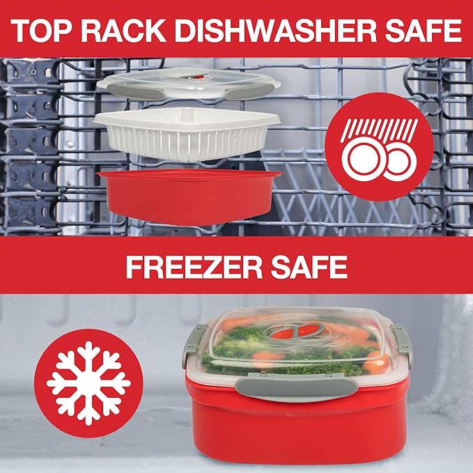 3pc Microwave Cookware Vegetable Steamers (2 pack)- Reusable Meal Prep Food Containers, Store XMAS Leftovers-Removable Strainer & Locking Steam Vent Lid- BPA Free, Fridge and Freezer Safe | 1.3 Liters