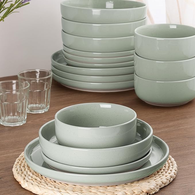HaWare 16-Piece Plates and Bowls Set for 4, Stoneware Dinnerware Sets with Pasta Bowl, Dishes Set for Home Restaurant, Speckled Asparagus Green