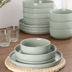 HaWare 16-Piece Plates and Bowls Set for 4, Stoneware Dinnerware Sets with Pasta Bowl, Dishes Set for Home Restaurant, Speckled Asparagus Green