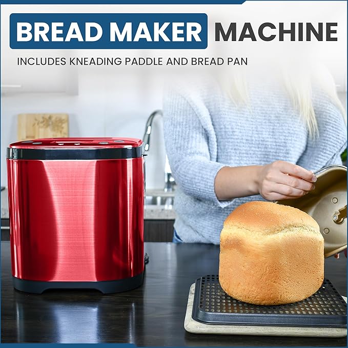 CULINARY CHEF Bread Maker Machine with Nonstick Bowl, Bread Hook, Measuring Cup & Spoon. 15-in-1, Gluten-Free Bread, Cake& Yogurt, 3 Crust Colour options and more. 3 Loaf Sizes. 2LB XL-RED