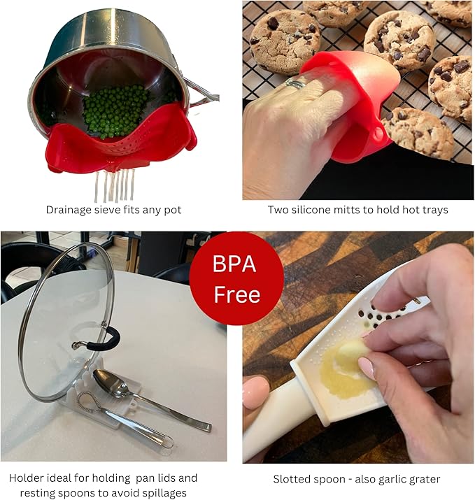 BaraBara Silicone 10 pcs Telescopic Collapsible Strainers with Handles, Foldable Bowl, Clip on Drainer. Red Spoon Rest, 3 ladle Masher Spoons. Silicone Gloves Heat Resistant Bundle Cooking Set.