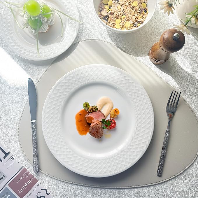 18-Piece Bone China Dinnerware Set for 6, White Porcelain Plates and Bowls with Textured Design, Lightweight Microwave Dishwasher Safe for Family Dining