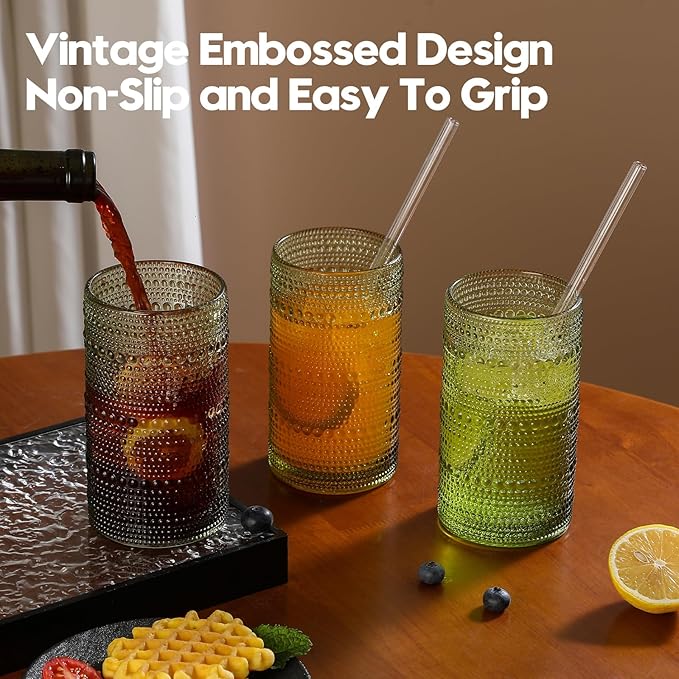 Vintage Hobnail Drinking Glasses Set of 6, 16 oz Large Capacity Embossed Green Tumblers, Highball Glasses for Water, Cocktail, Beer, Whiskey, Kitchen & Bar Use