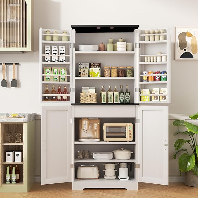 Shintenchi Kitchen Pantry Cabinet, Freestanding Farmhouse Storage Cabinet with 8 Door Shelves, 2 Cabinets and 1 Drawer, Tall Cupboard for Kitchen, Living Room, Dining Room and Bathroom, White