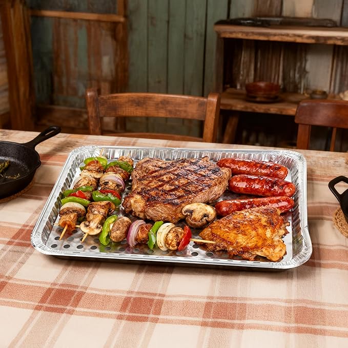 30 Pack Aluminum Foil Broiler Pans with Holes 16 x 12 inch Aluminum Grill Pans Disposable Grill Drip Pan for Outdoor Grills, BBQ, Baking, Meal Prep