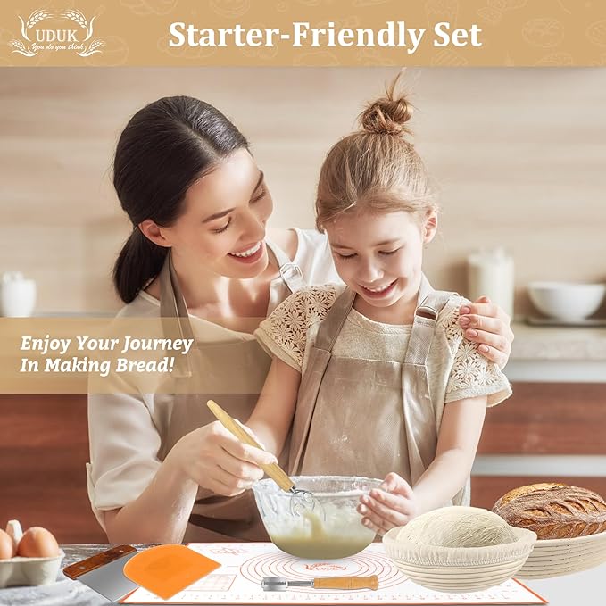 Bread Proofing Basket Set with 10" Round and 9.6" Round Banneton Baskets, Silicone Bread Sling Baking Mat, Whisk Cutter Scraper Lame - Sourdough Bread Baking Supplies Ideal Sourdough Starter Kit