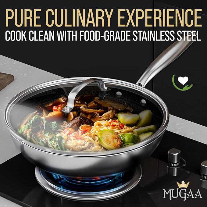 Woks & Stir-Fry Pans Nonstick 11" Stainless Steel Wok Pan with Lid | Tri-Ply Honeycomb Hybrid Stir Fry Pan | Induction & Oven Safe | Dishwasher Safe