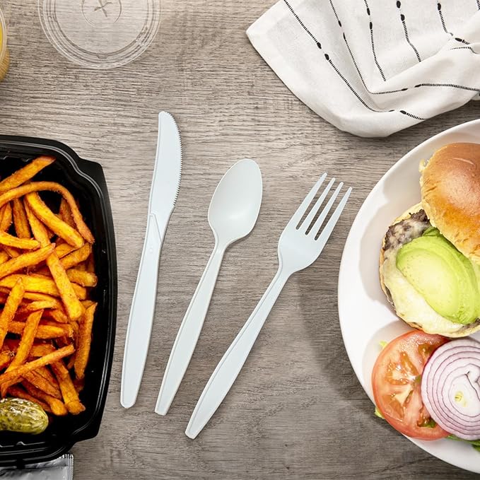 Ivory White Compostable Silverware, 300 Count Compostable Utensils, Plastic Forks Spoons Knives,No Plastic Utensil, Eco Friendly Disposable Silverware for Party Office Wedding