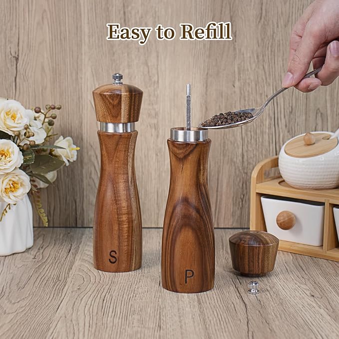 2 Pack Acacia Wood Salt and Pepper Grinder Set, Wooden Salt and Pepper Mill Set Salt and Pepper Shaker Tableware Birthday Gifts Ceramic Core-8 Inch