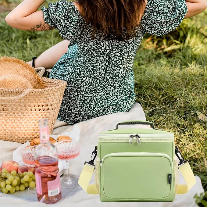 FlowFly Insulated Reusable Lunch Bag Adult Large Lunch Box for Women and Men with Adjustable Shoulder Strap,Front Zipper Pocket and Dual Large Mesh Side Pockets,Light Matcha